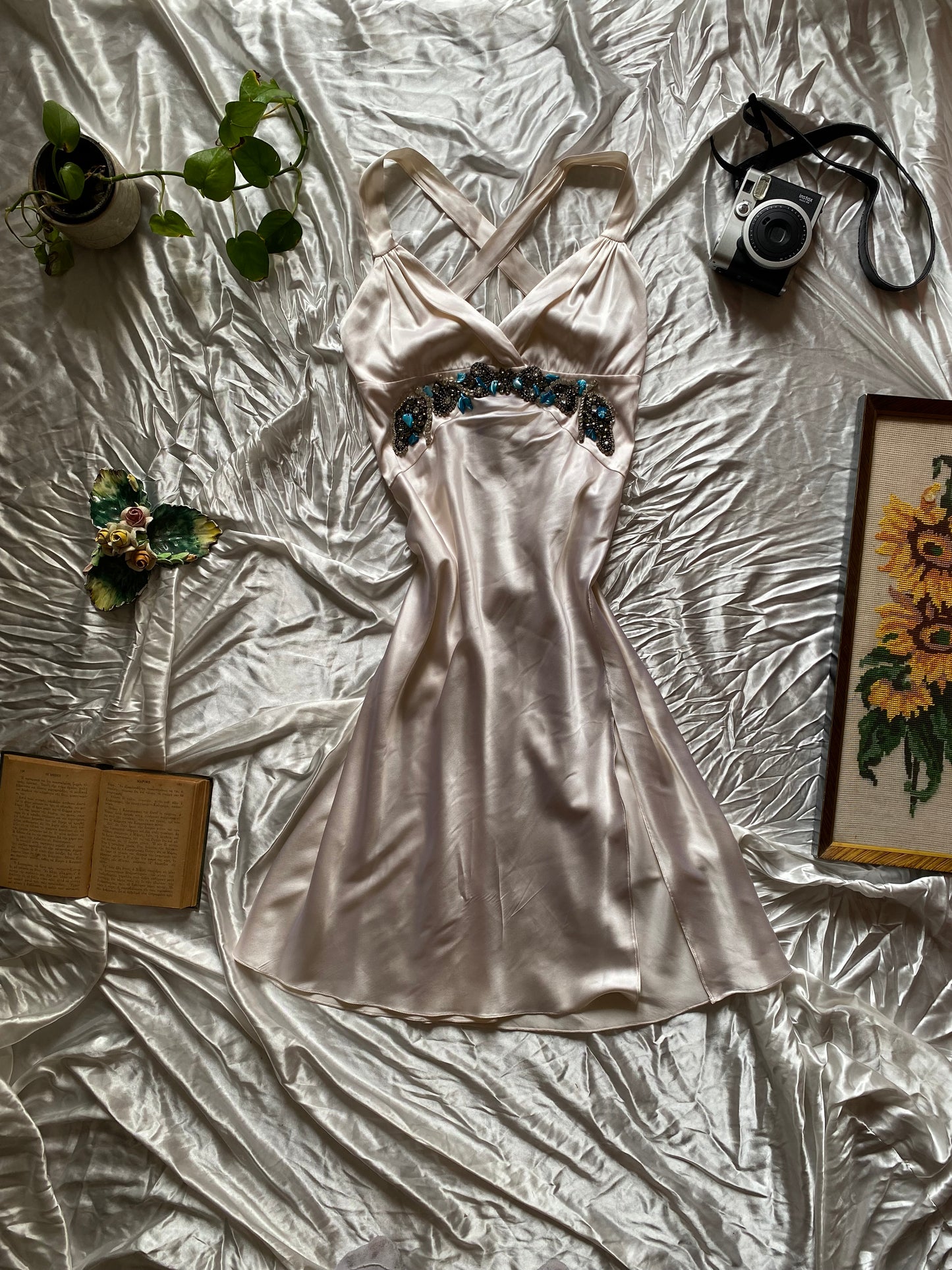 Satin mini white beaded dress