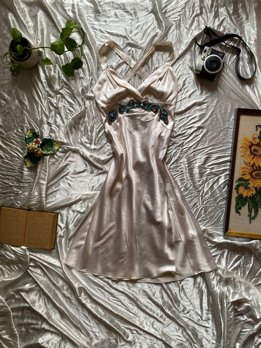 Satin mini white beaded dress