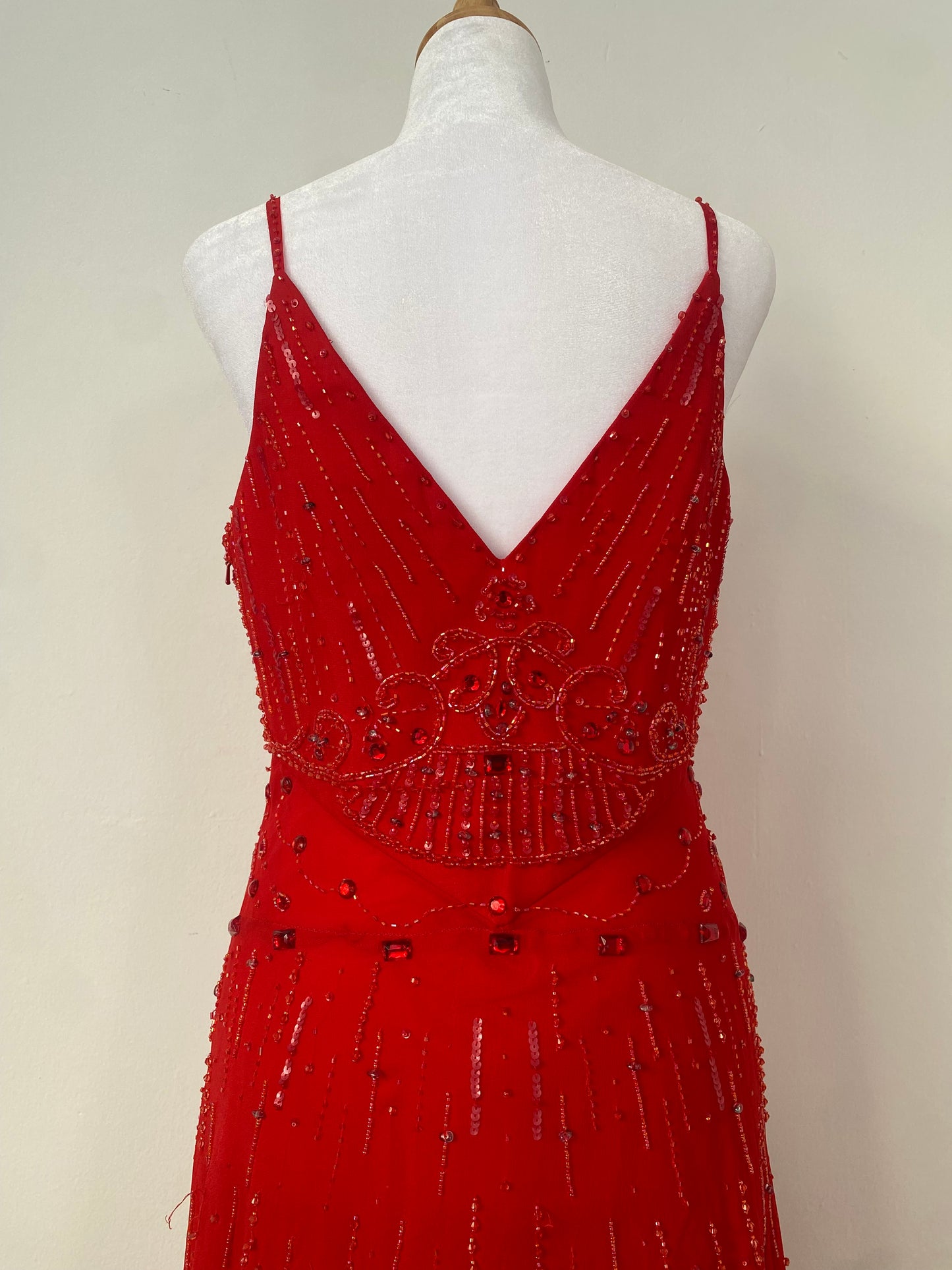 100% silk brand new red gown with all over handbeaded details
