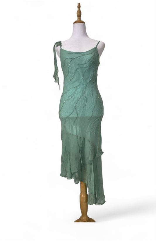 100% silk brand new light turquoise dress with all over handbeaded details