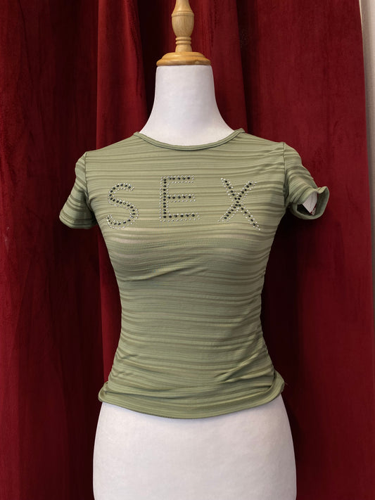 Brand new khaki stripped top with sex rhinestone details