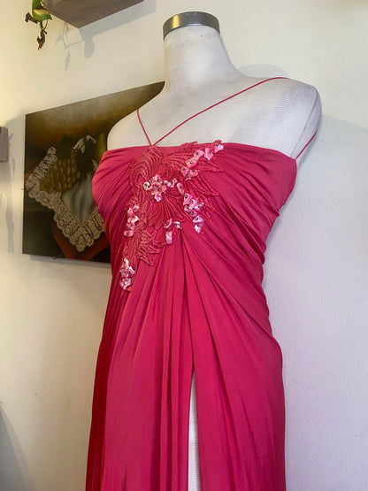 Brand new haute couture high slit pink rushed up dres