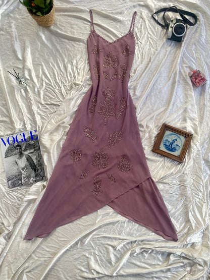 All over handbeaded mauve maxi fairy dress