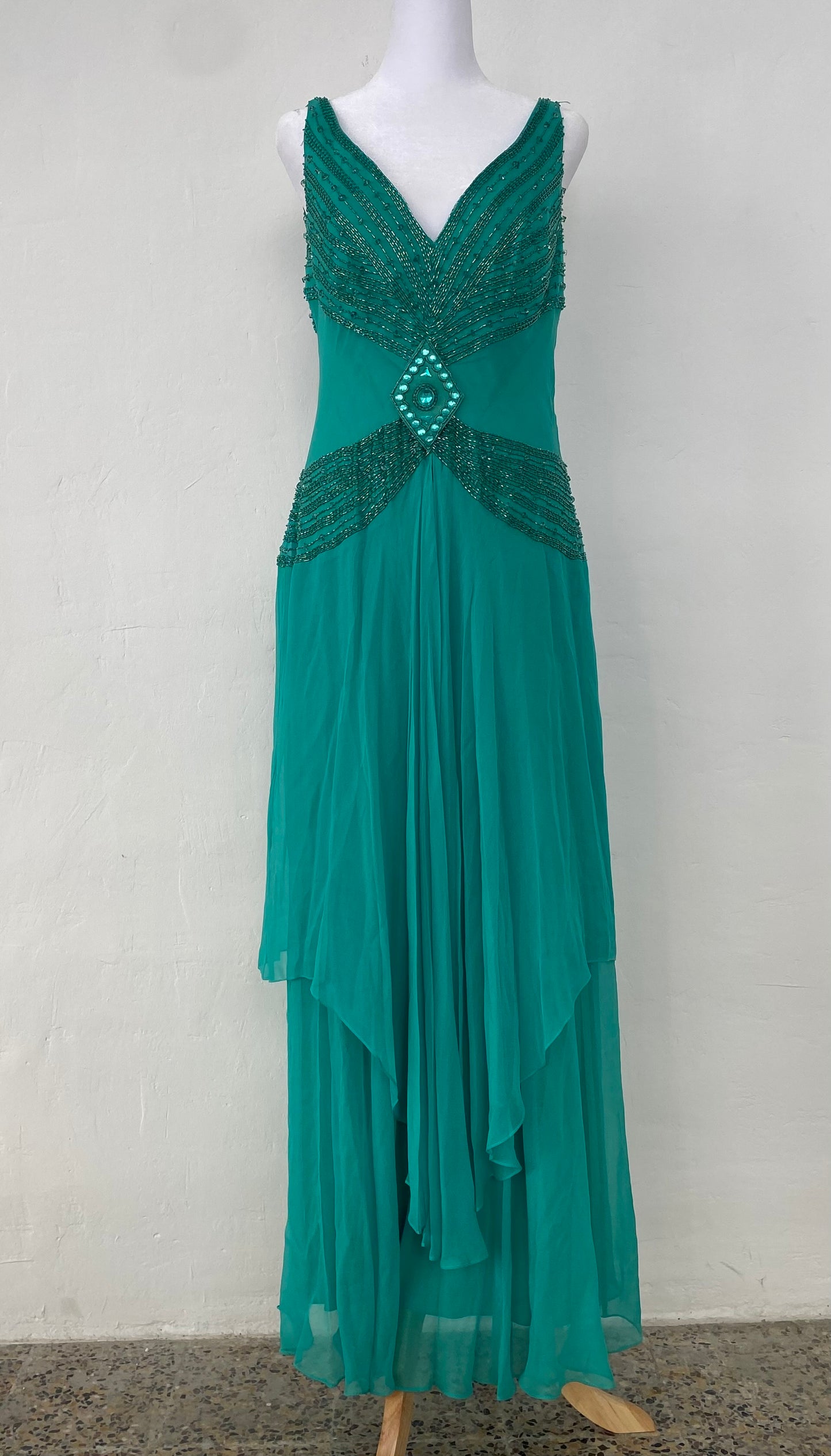 100% silk brand new handbeaded turquoise maxi gown