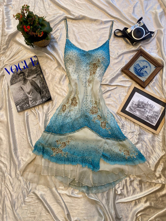 100% silk blue all over sequin mermaid dress 🧜