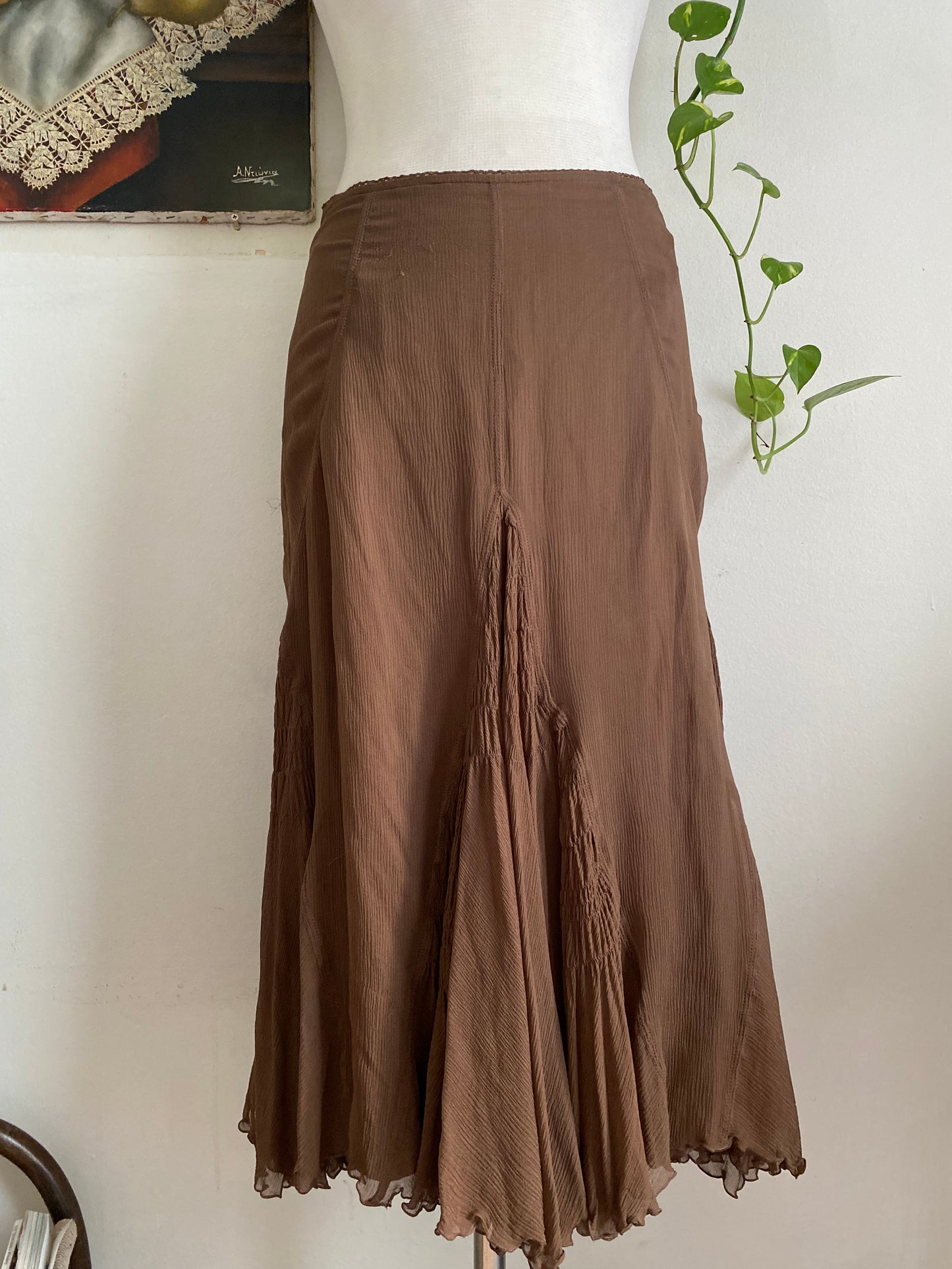 100% silk brown maxi ruffled skirt