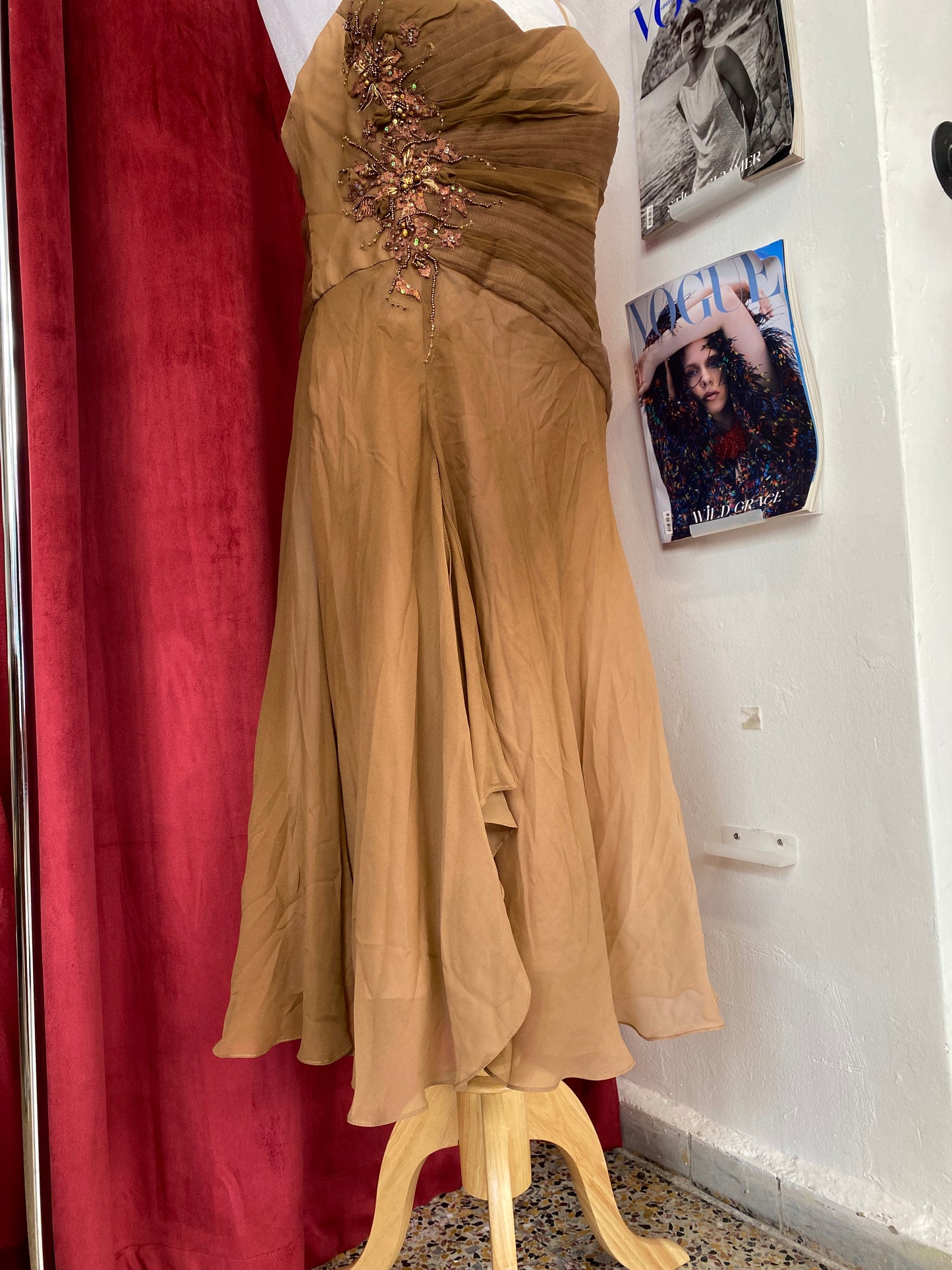 100% silk forest brown sequindress gown