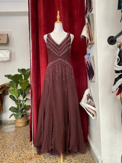 100% silk deep purple gown with sequin details all over