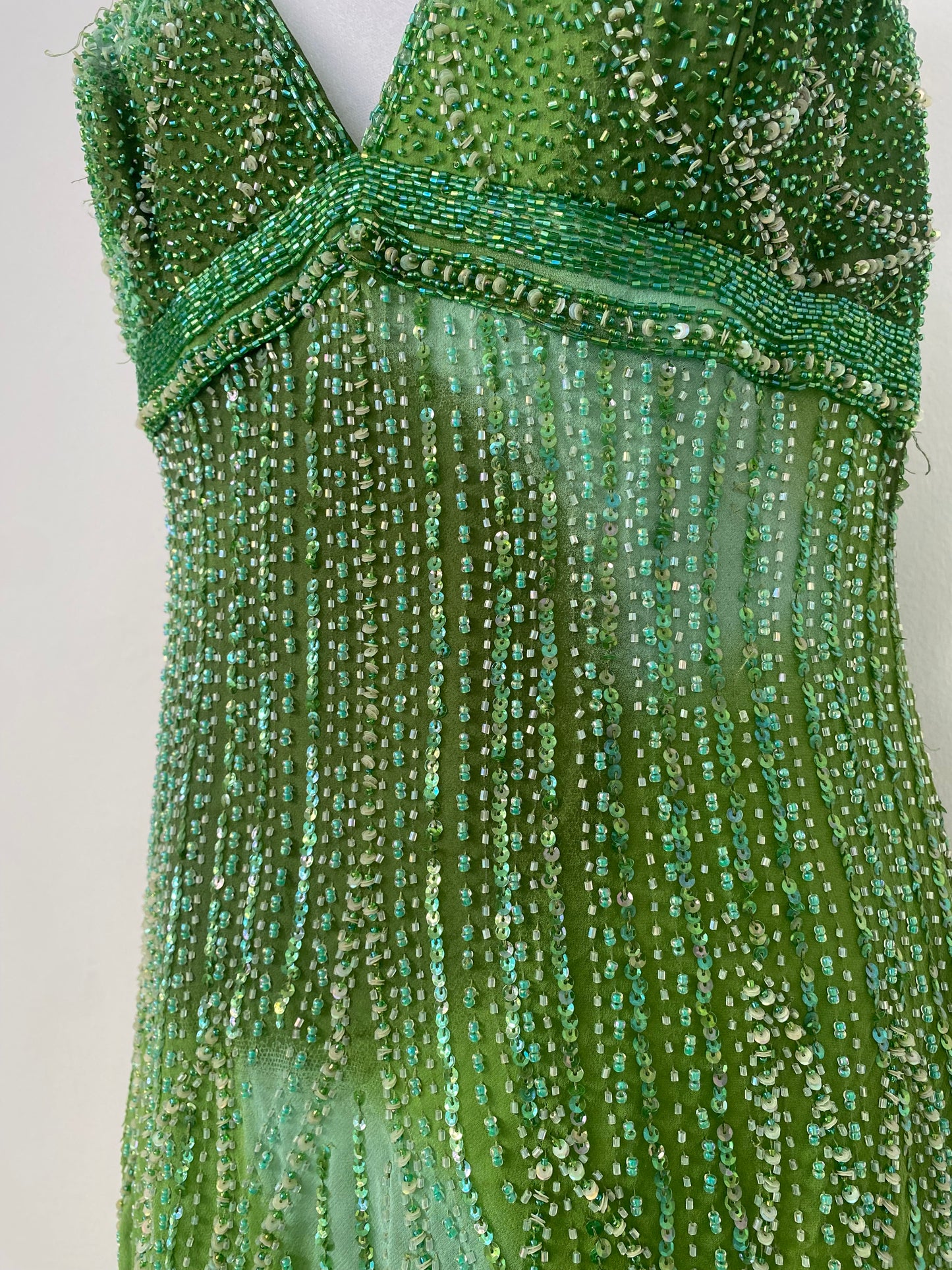 100% silk brand new green all over handbeaded dress