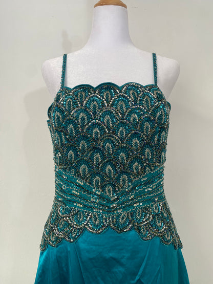 Brand new petrol gown with all over handbeaded details on the bust