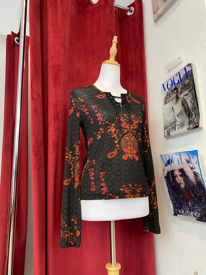 Black lace up multicoloured blouse