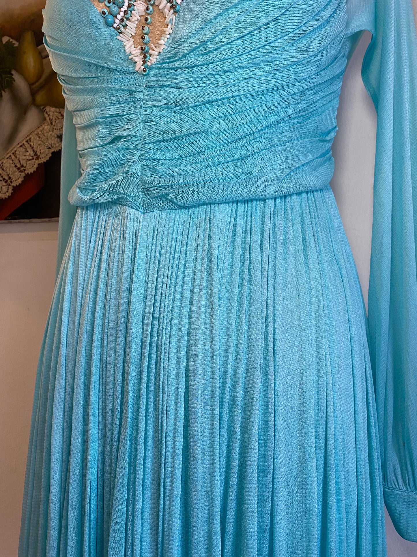 Brand new haute couture silk net baby blue mini dress