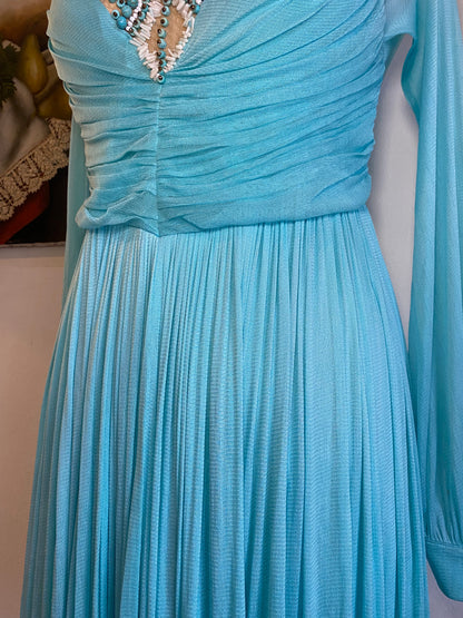 Brand new haute couture silk net baby blue mini dress