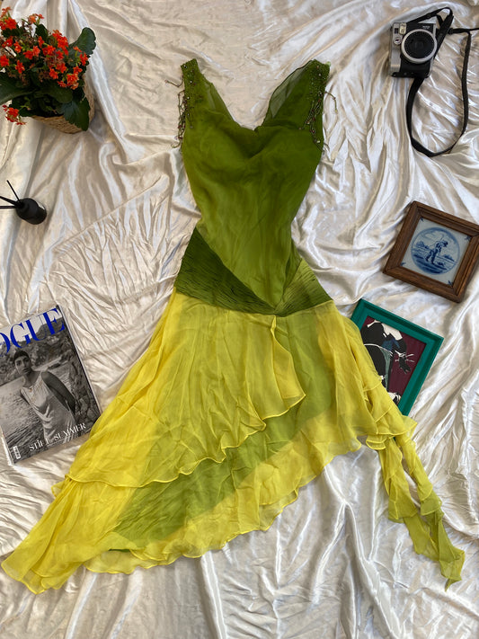 100% silk green ombré dress with sequin details on the bust