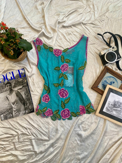 100% silk brand new aftershock handbeaded top 💙