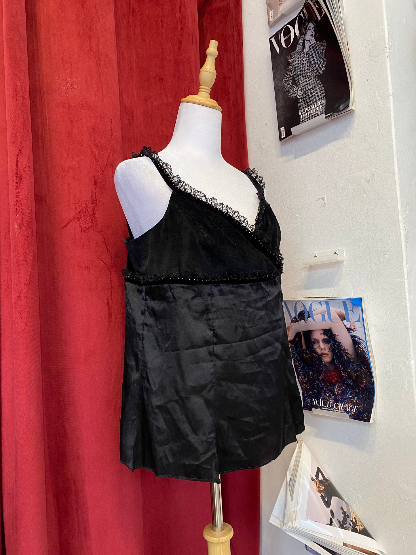 Black velvet top with lace and sequin details