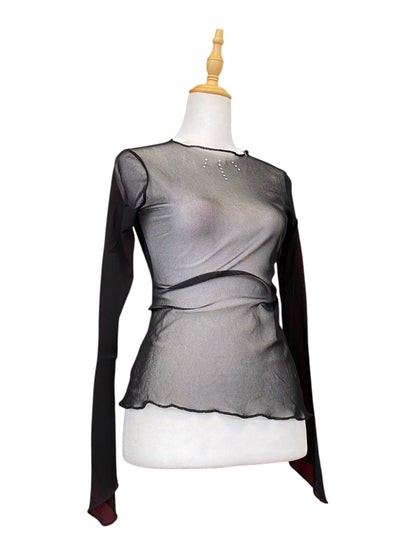 Sheer black top with rhinestone details