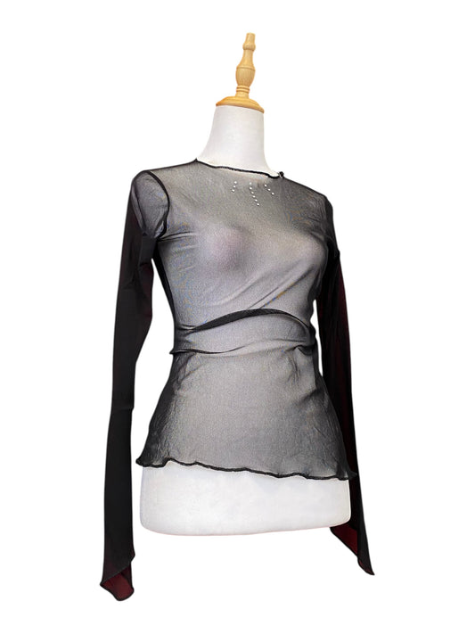 Sheer black top with rhinestone details