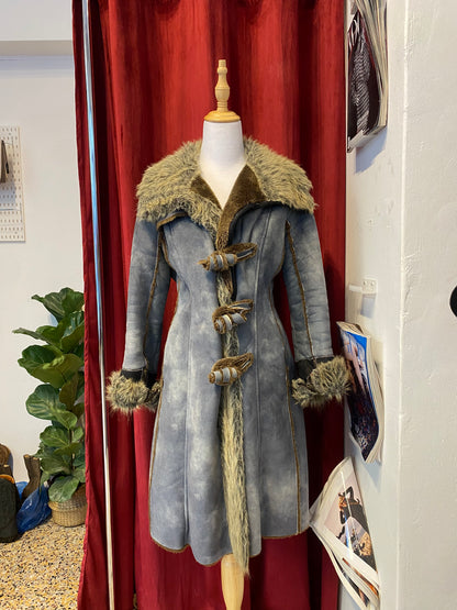 Long blue Afghan coat with vegan fur