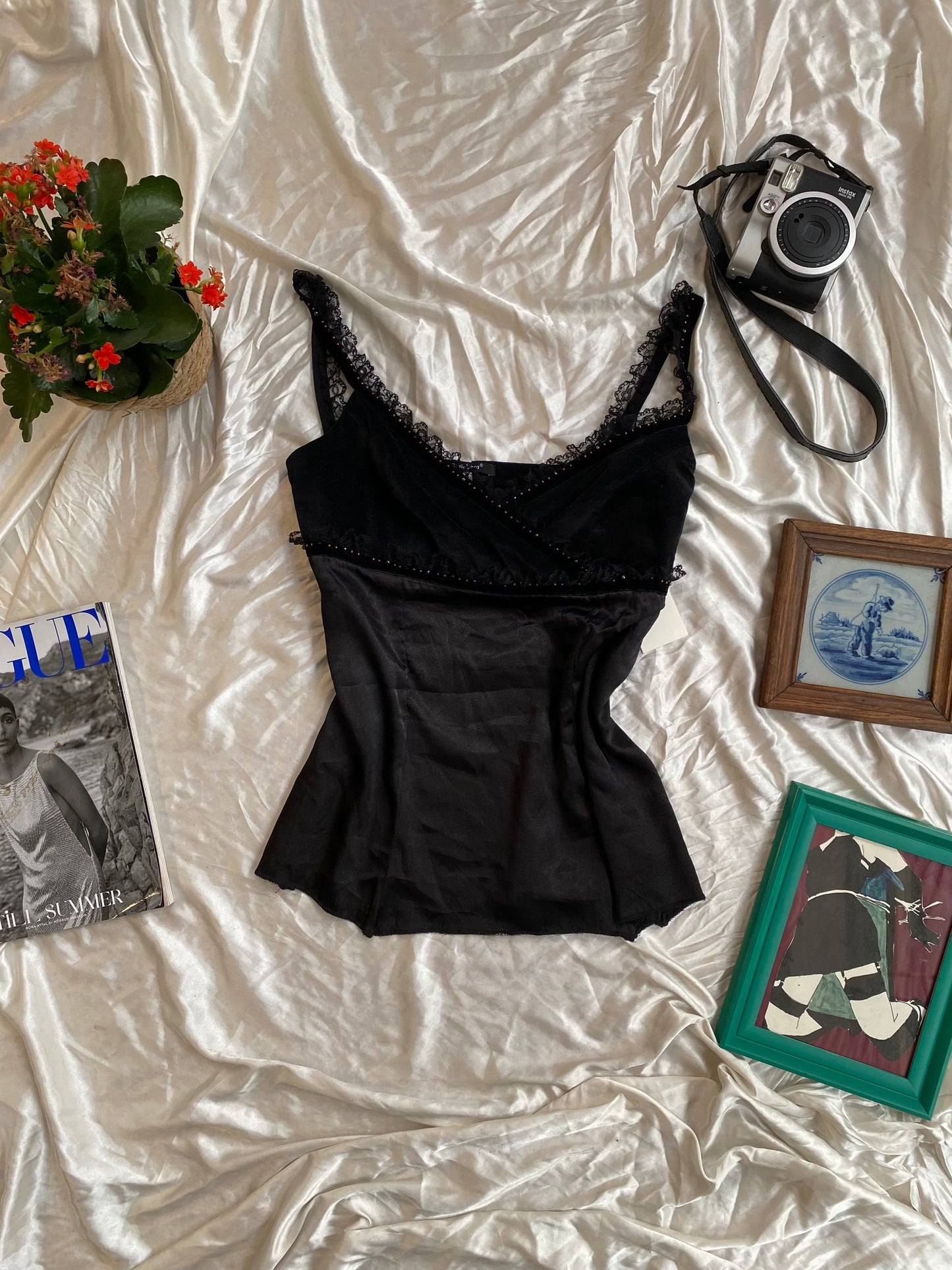 Black velvet top with lace and sequin details