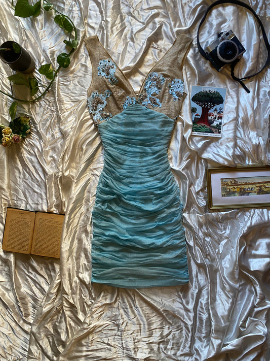 100% silk brand new haute couture baby blue rushed up dress