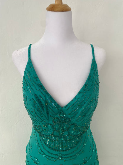 100% silk brand new turquoise gown with handbeaded details all over