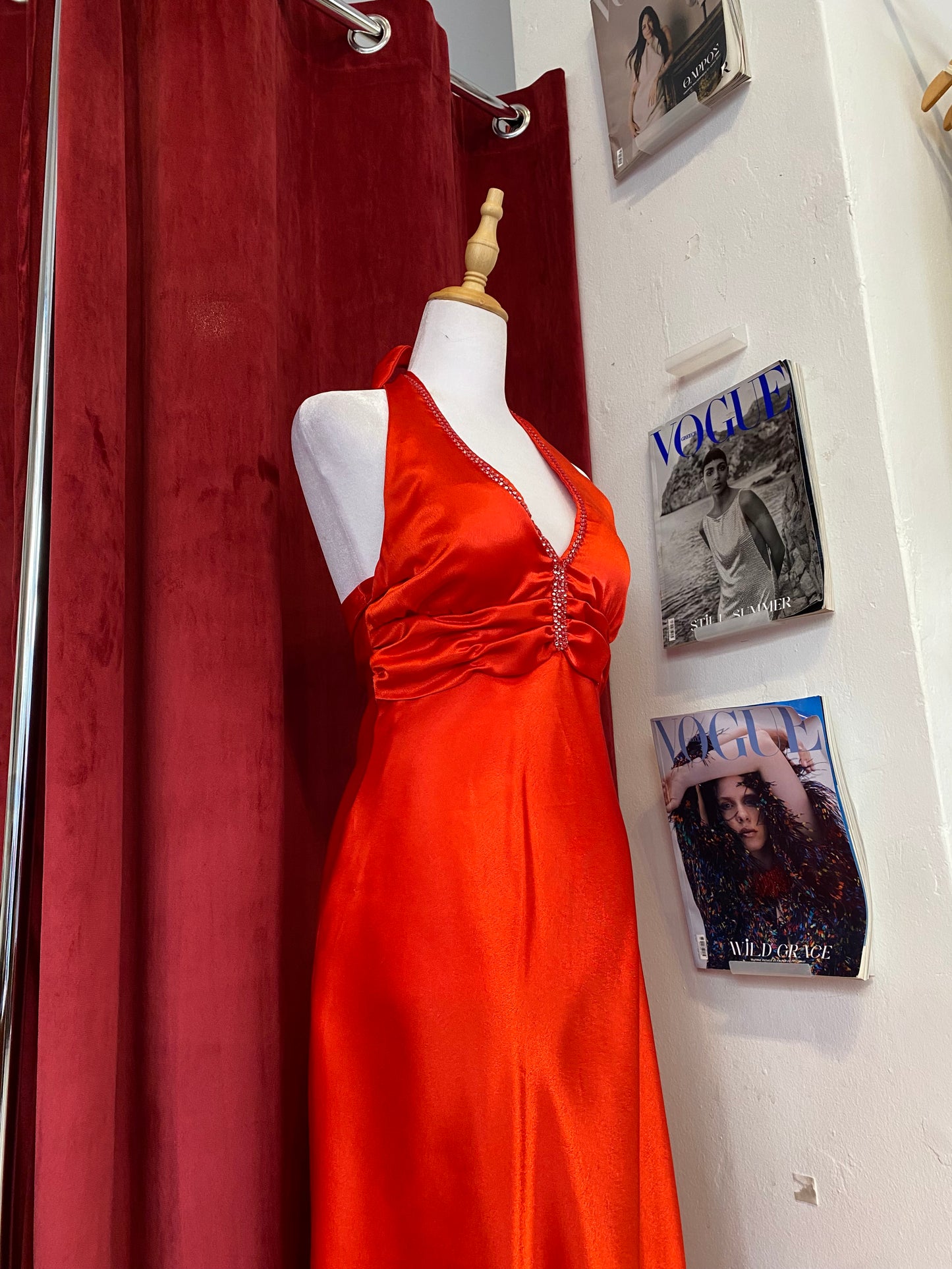Red maxi satin gown with rhinestones