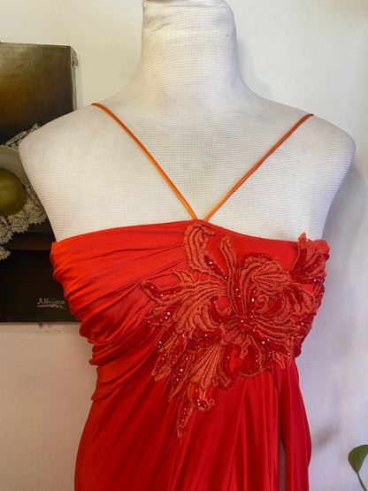 Brand new high slit haute couture orange rushed up dress