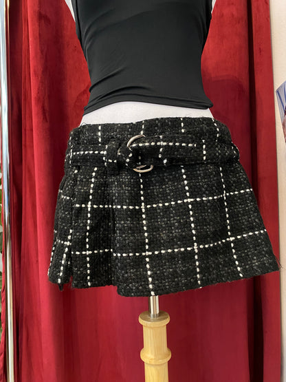Micro mini pleated tweed skirt with belt detail