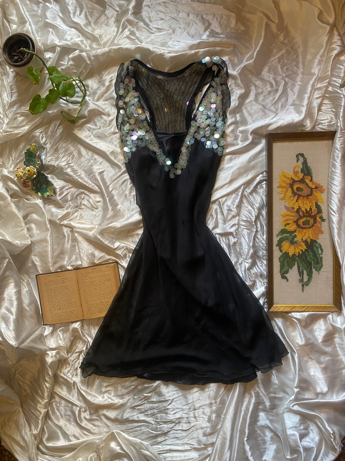 100% silk brand new black 2 piece dress with sequin details