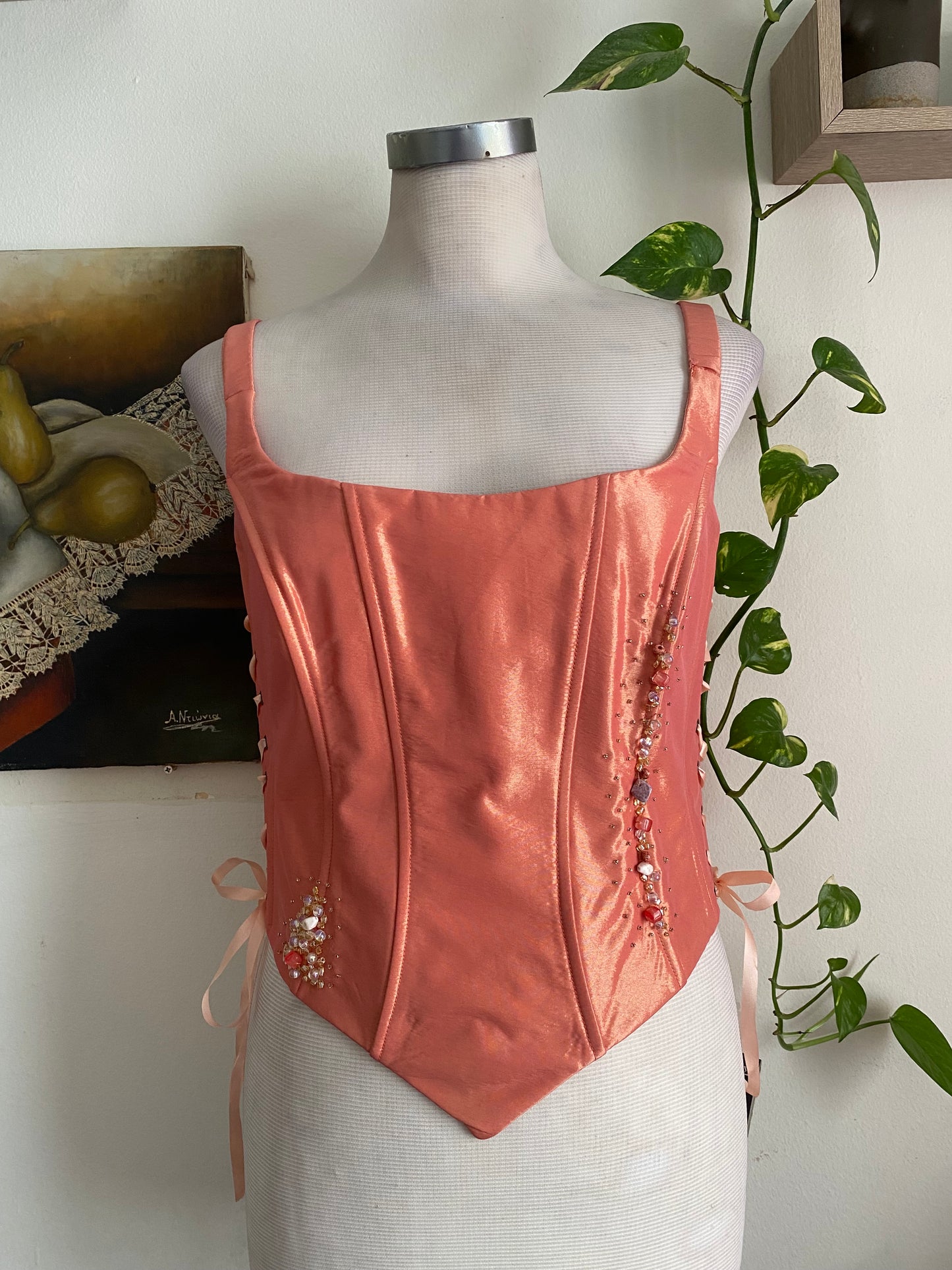 Brand new liquid organza orange lace up beaded corset