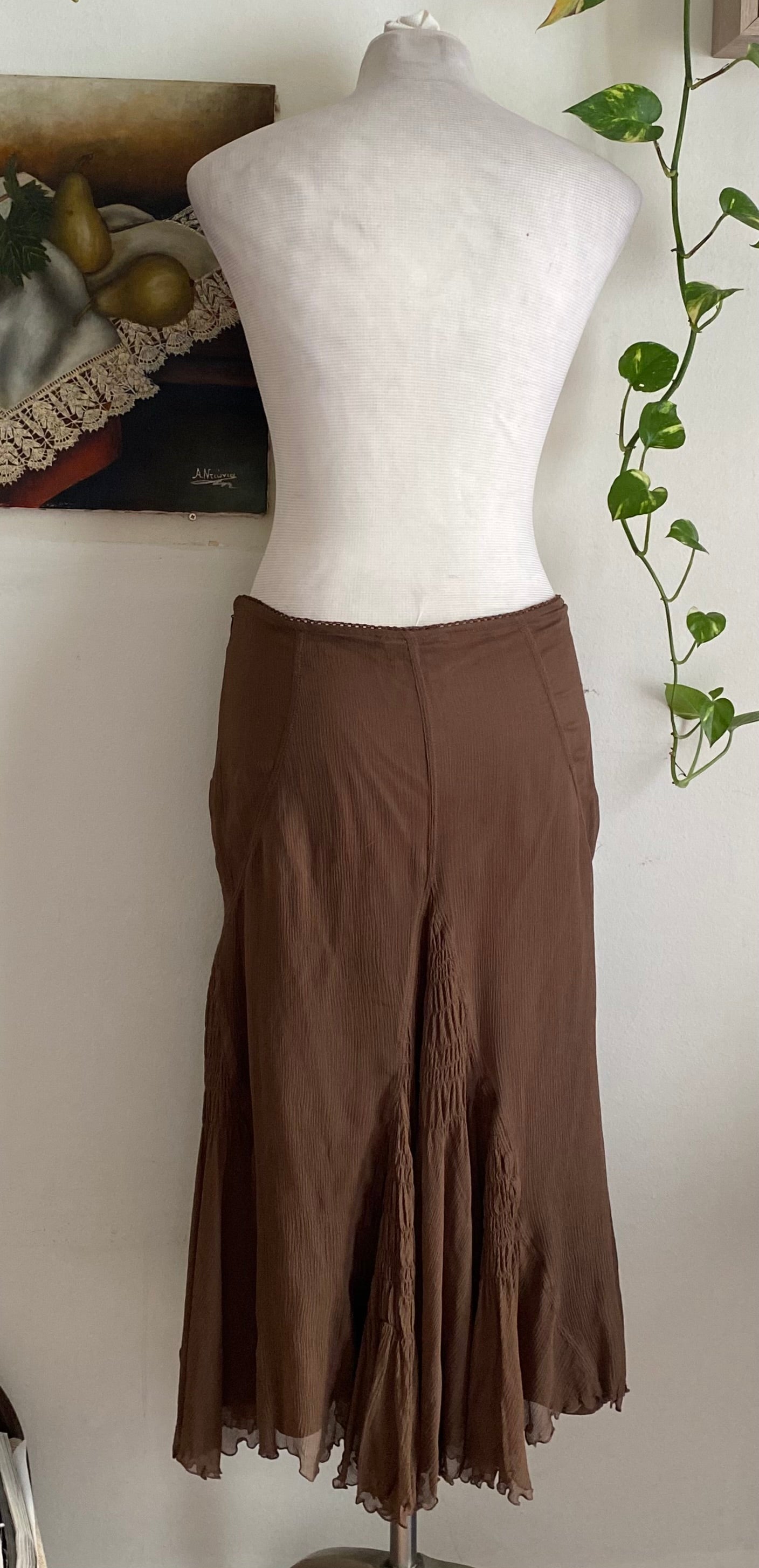 100% silk brown maxi ruffled skirt