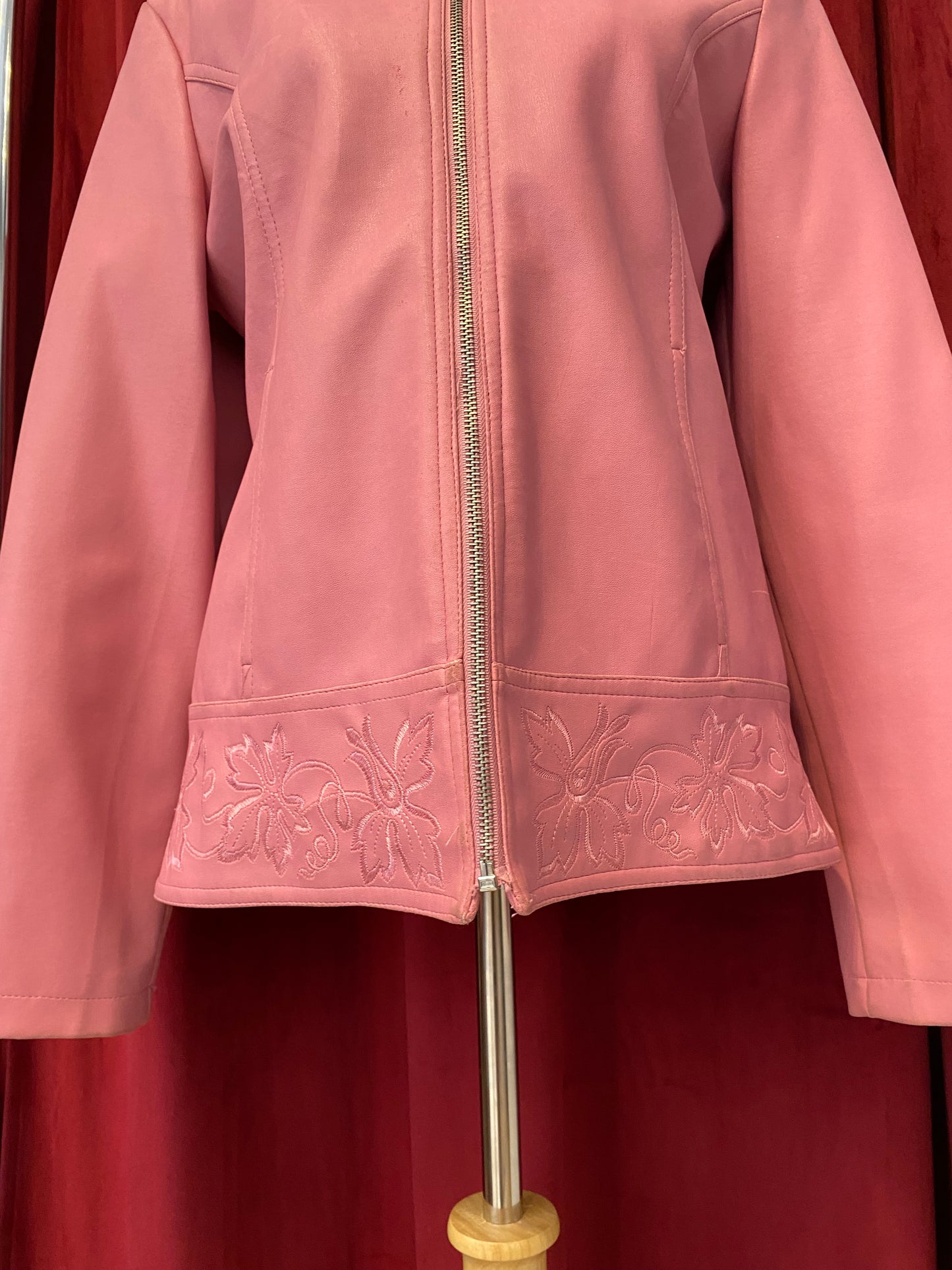 Real leather pink embroidered jacket