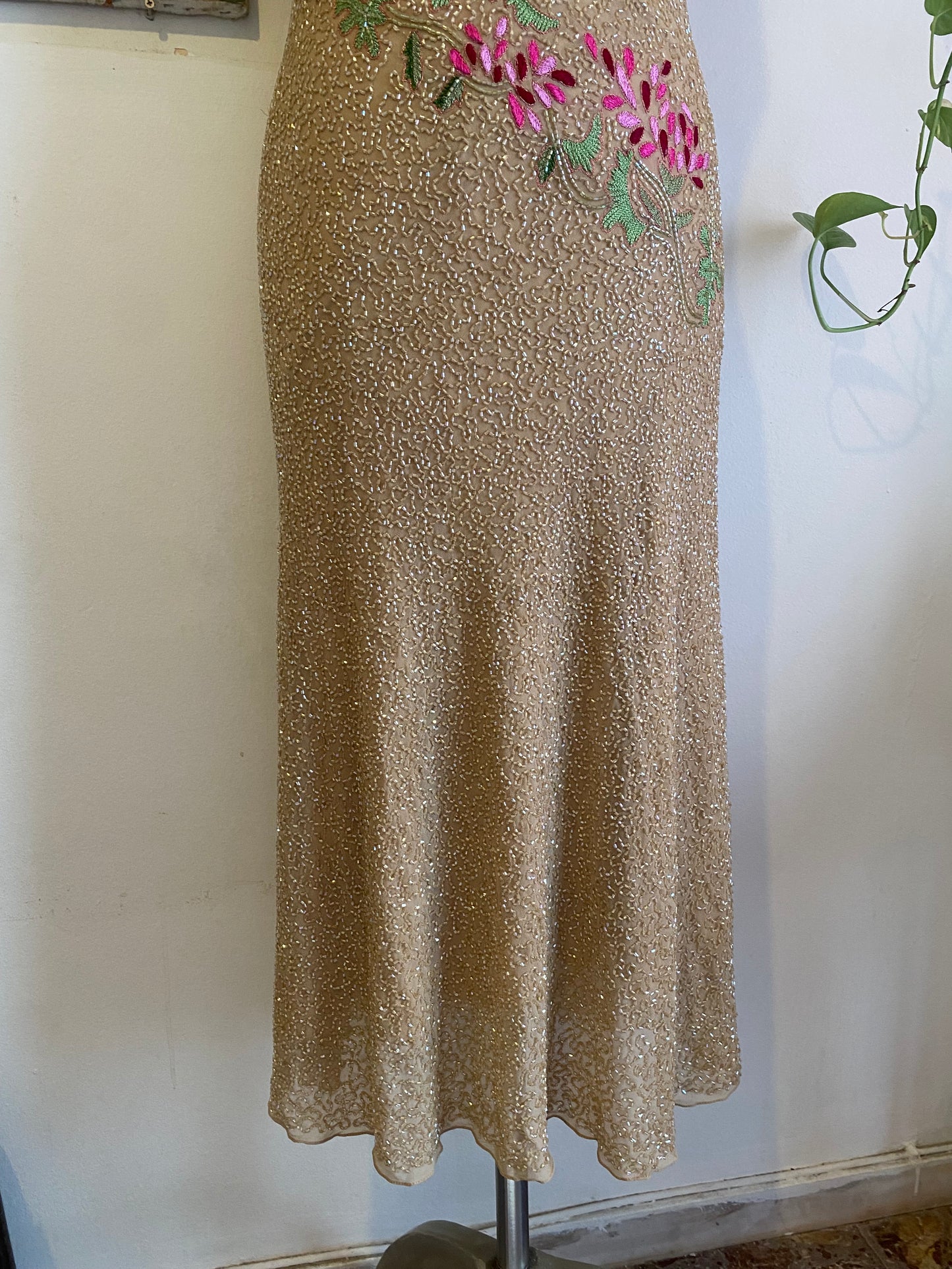 100% silk all over handbeaded gown with flower details