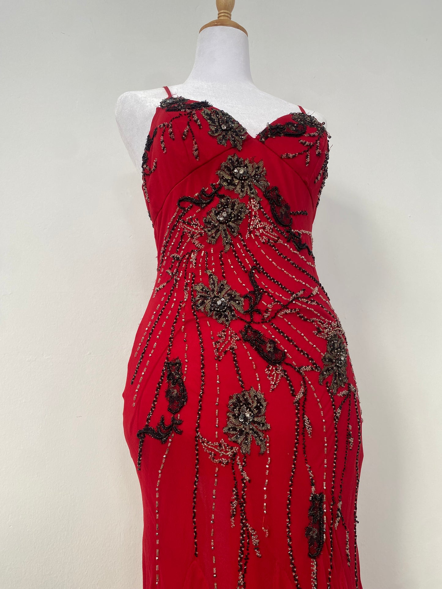 100% silk brand new deep red gown with all over handbeaded details