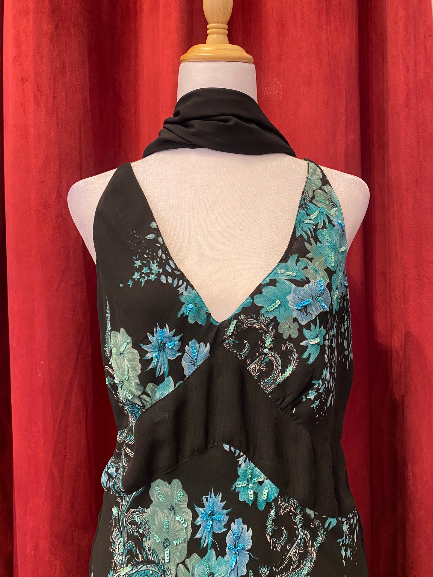 All over handbeaded maxi ruffled dress with matching scarf