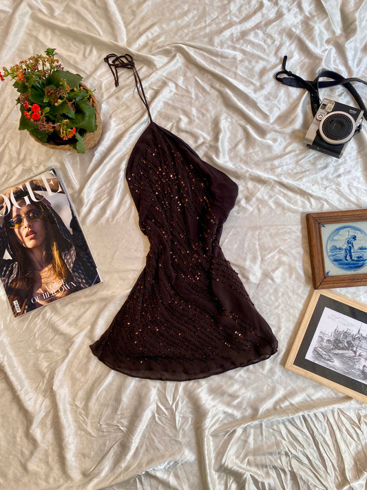 Silk dark brown sequin summer top ☕️