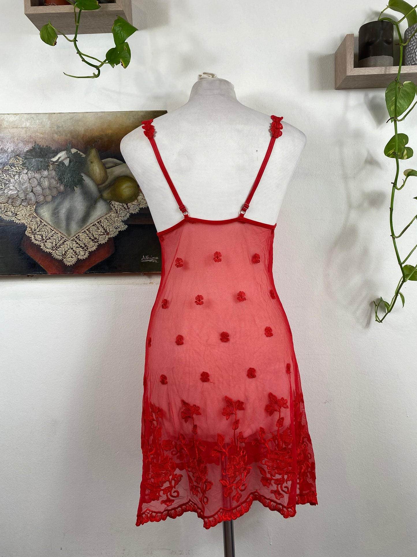 Red embroidered see through baby doll
