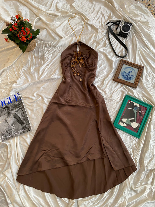 Brand new brown gown with chain flower details