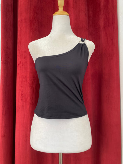 One shoulder black top