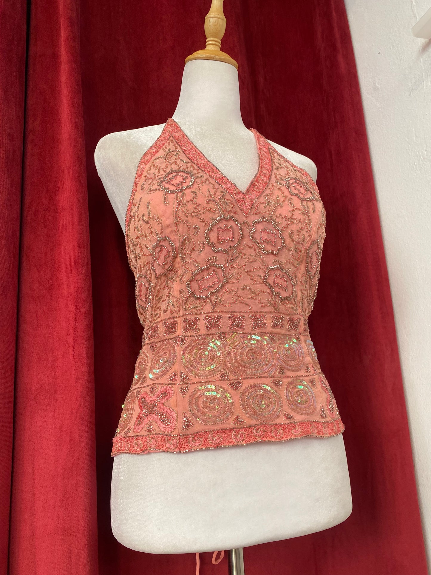 100% silk handbeaded baby pink corset