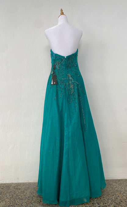 100% silk brand new maxi strapless gown with all over handbeaded details