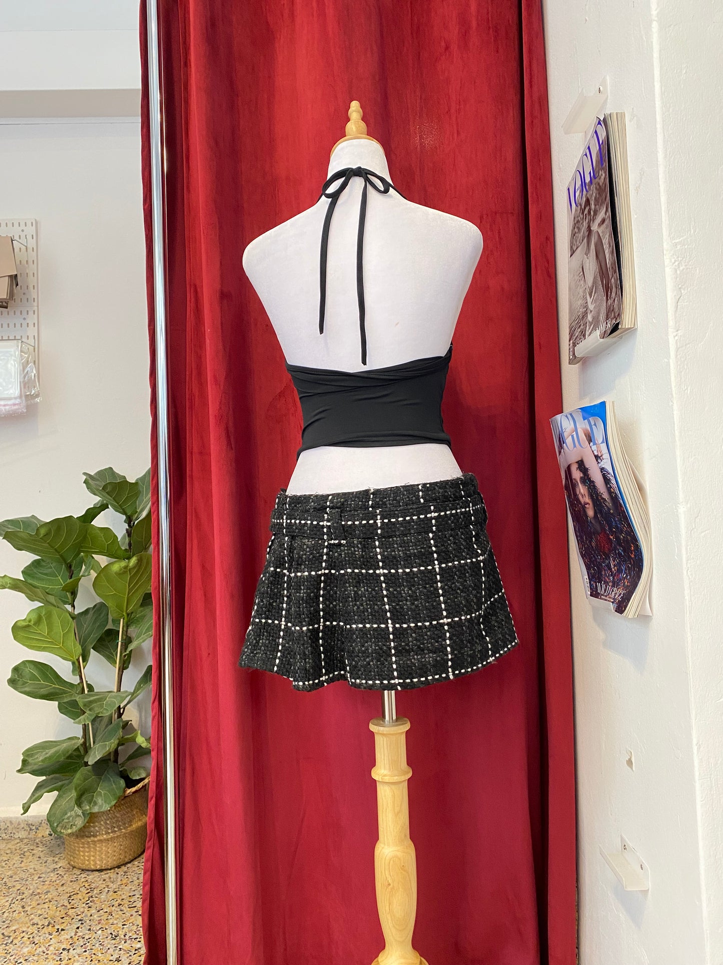 Micro mini pleated tweed skirt with belt detail