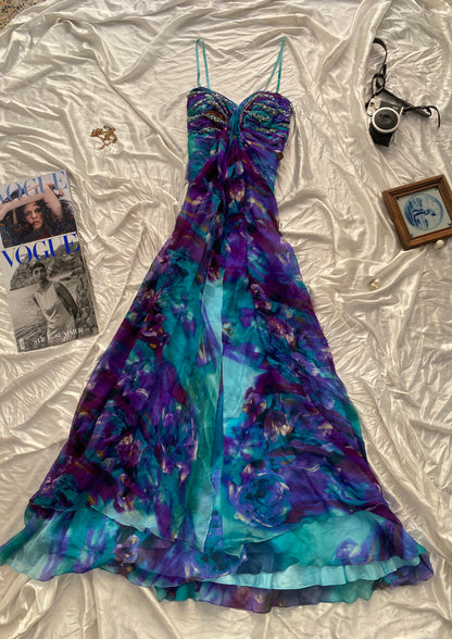 100% silk brand new maxi multicoloured gown with handbeaded details