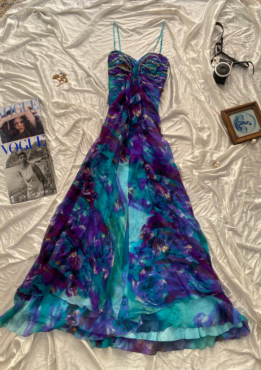 100% silk brand new maxi multicoloured gown with handbeaded details