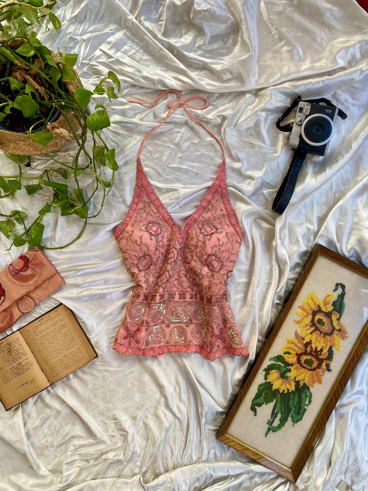 100% silk handbeaded baby pink corset