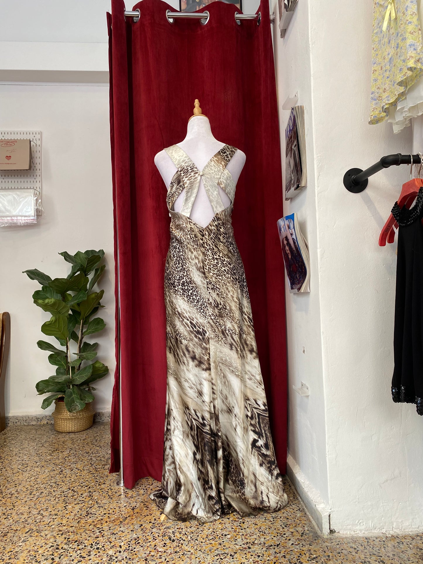 Leopard brand new floor length gown with open back