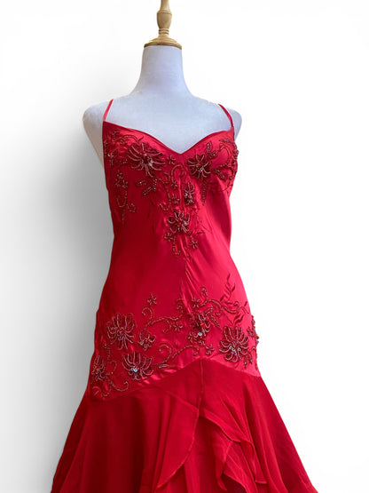 Red satin hand embroidered gown ❤️