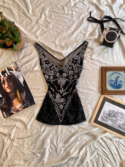 Handbeaded black mesh top 🧚