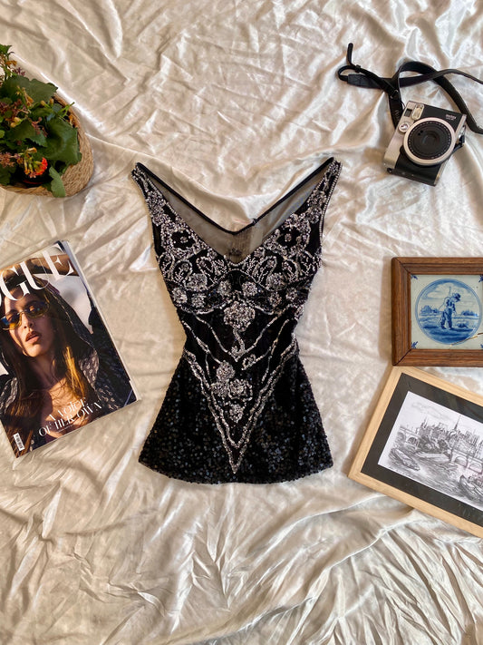 Handbeaded black mesh top 🧚